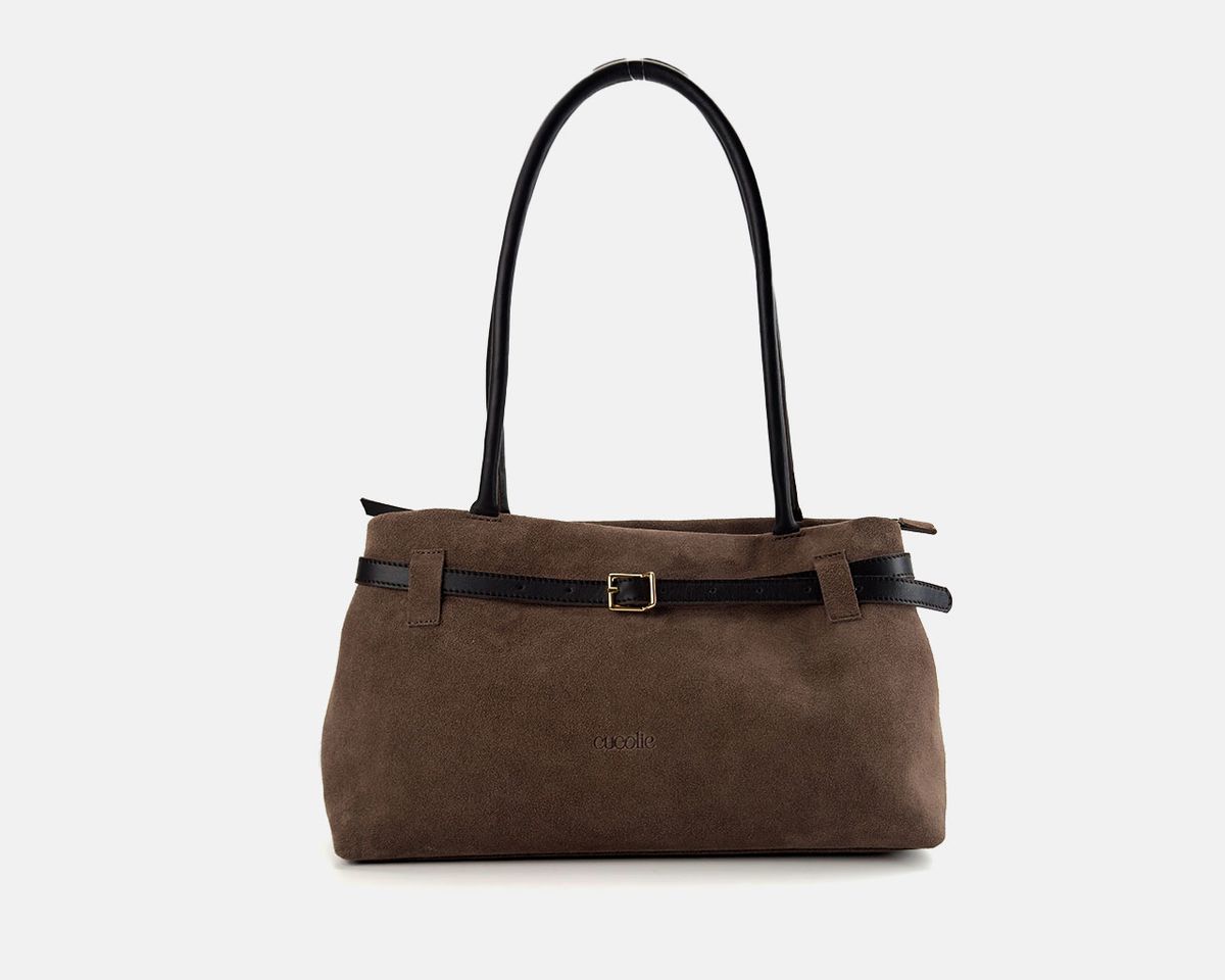 Cuco large de serraje en color taupe, de frente