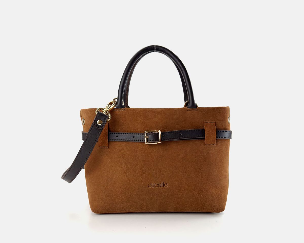 Cuco mini de serraje camel con la correa larga