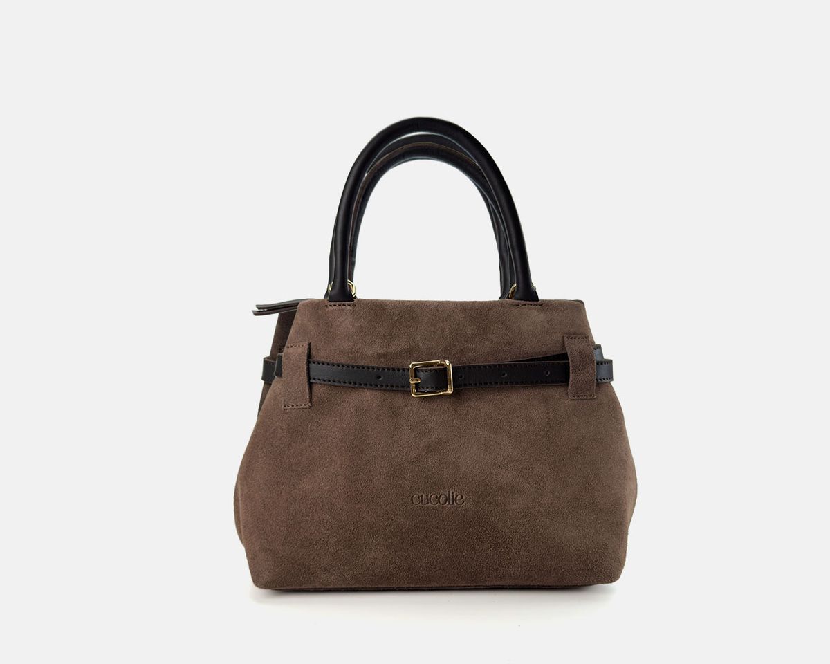 Cuco mini de serraje en color taupe, de frente